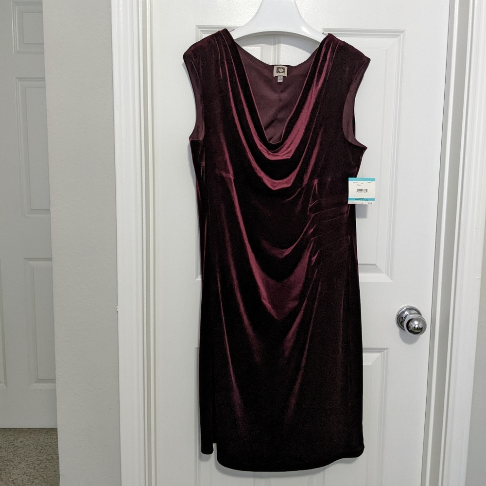 NEW ANNE KLEIN Wine Velvet Cowl Neck Stretch Pull-on Formal Dress Size 16 - Picture 9 of 11